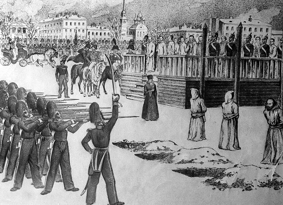 El simulacro de fusilamiento en el campo de Semiónovski, el 22 de diciembre de 1849. Los tres primeros condenados, ya atados a los postes y encapuchados, esperan la descarga que no llegó.