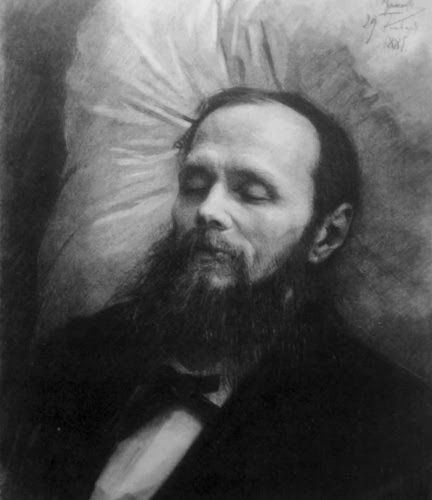 Dostoievski en su lecho de muerte, dibujado del natural pocas horas después del fallecimiento, el 28 de enero de 1881.